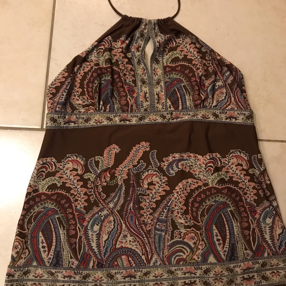 BCBG Vintage Brown Halter Top w/ Key Hole Opening Pretty Paisley Print - Picture 5 of 10